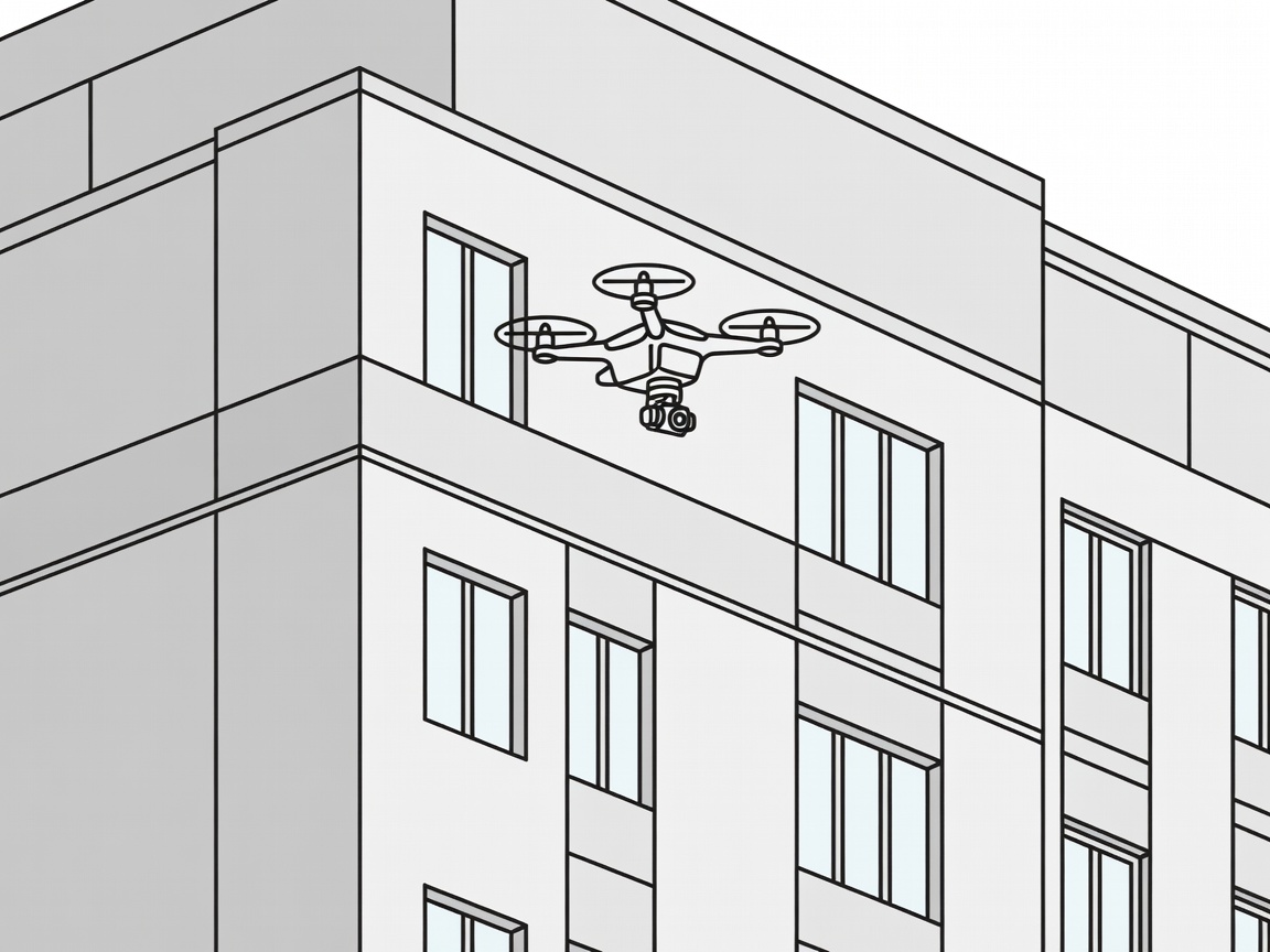 Flat vector illustration of a drone making a close visual inspection of a building's upper facade
