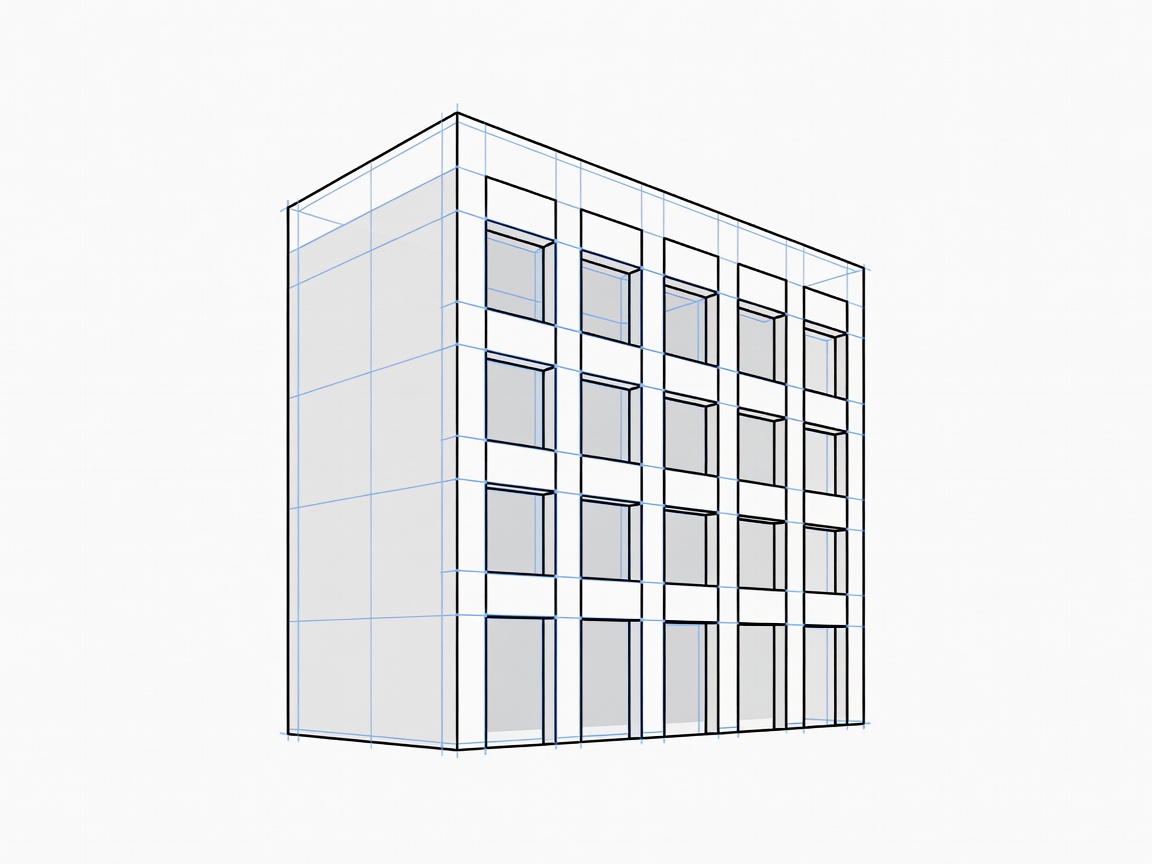 Flat vector rendering of a mapped building facade shown as a clear three-dimensional model