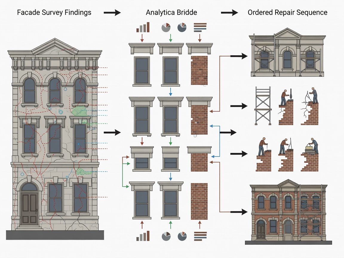 Flat vector illustration linking mapped facade observations to a thoughtful restoration repair sequence